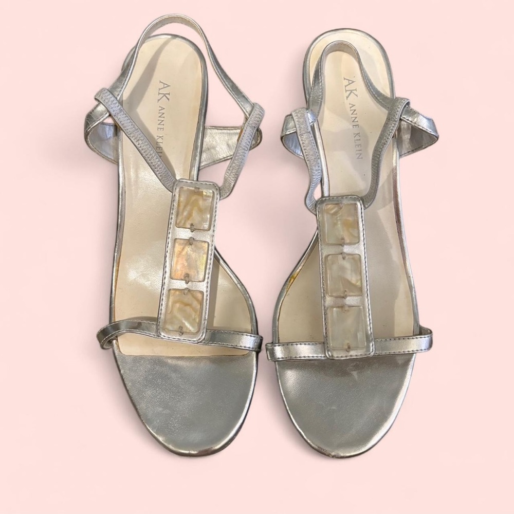 AK Anne Klein Silver Strappy Sandals with Stone Detail | Size 9
